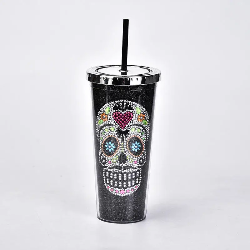 Double Plastic Straw Cup Diamond Creative Head Water Cup Halloween High Capacity Drink Cup