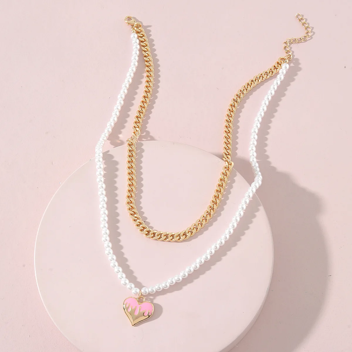 Multilayer Double Layer Peach Thick Pink Enamel Flaming Love Pearl And Heart Shape Pendant Choker Cuban Link Chain Necklace