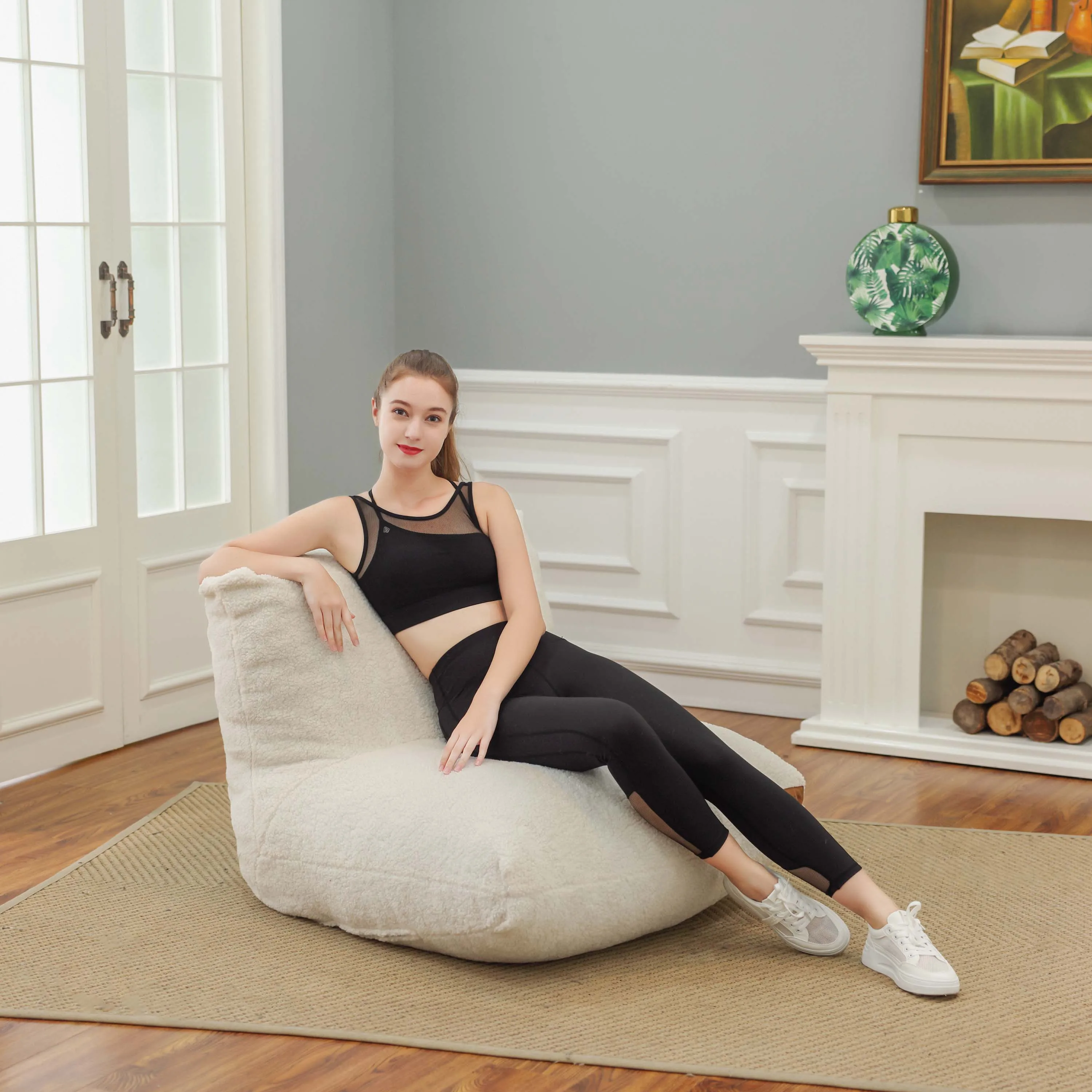 Japanese Style Tatami Living Room Bean Bag Sofa Soft Skin-friendly White Sherpa Fabric Bean Bag Chair with Strong Back Rest