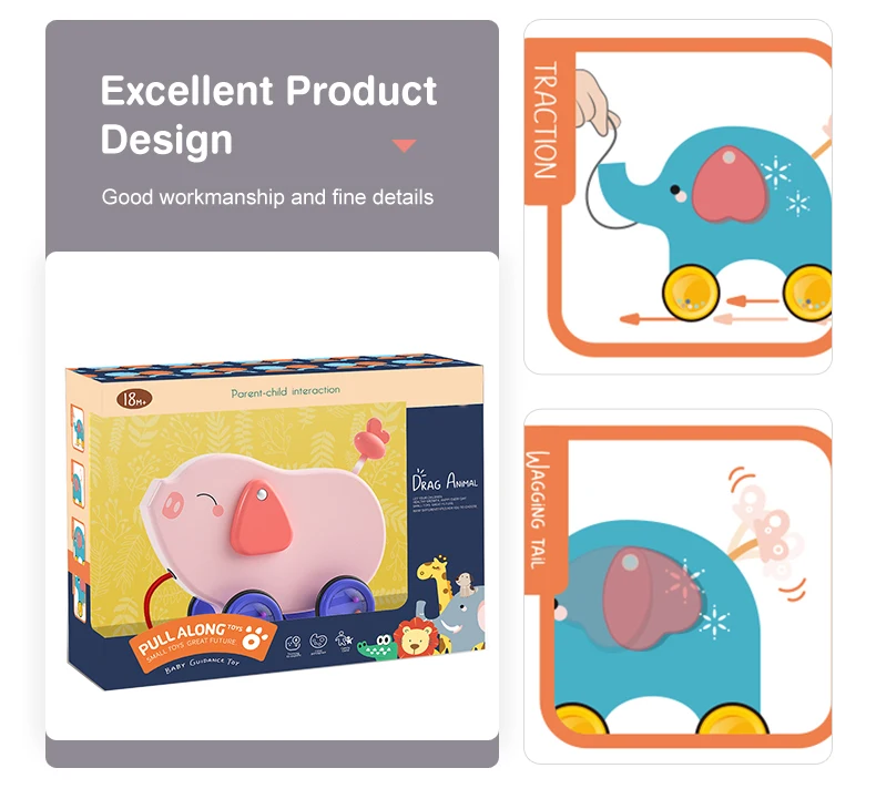 2021 wholesale new design wooden dragging animals toys baby guidance toy cartoon drag pull string toy
