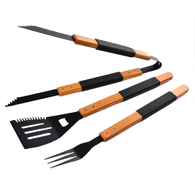 Hot sell portable outdoor tools 3pcs stainless steel Non-stick painting  softy wooden handle barbeque tools set