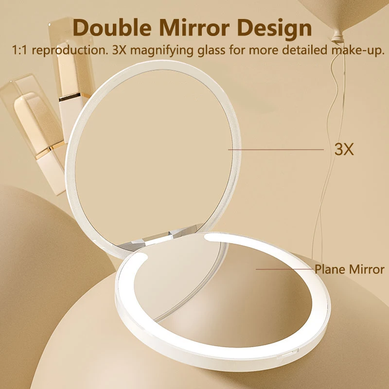 LED Compact Mirror Chargeup Travel Lighted Round Purse Mirrors with 3X Magnifying Glass