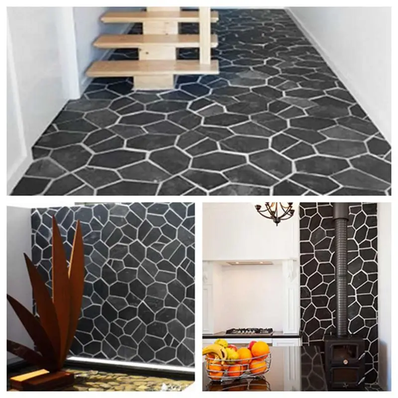 Outdoor Building External Wall Cladding Natural Black Stones Irregular Shaped Mosaic Meshed Crazy Slate Veneer Tile