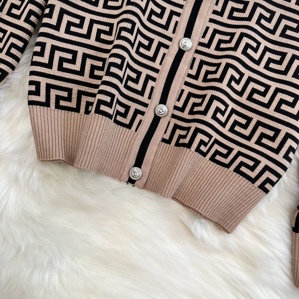 Customized jacquard knitted cardigan jacket vest three piece high waisted slim straight leg wide leg pants