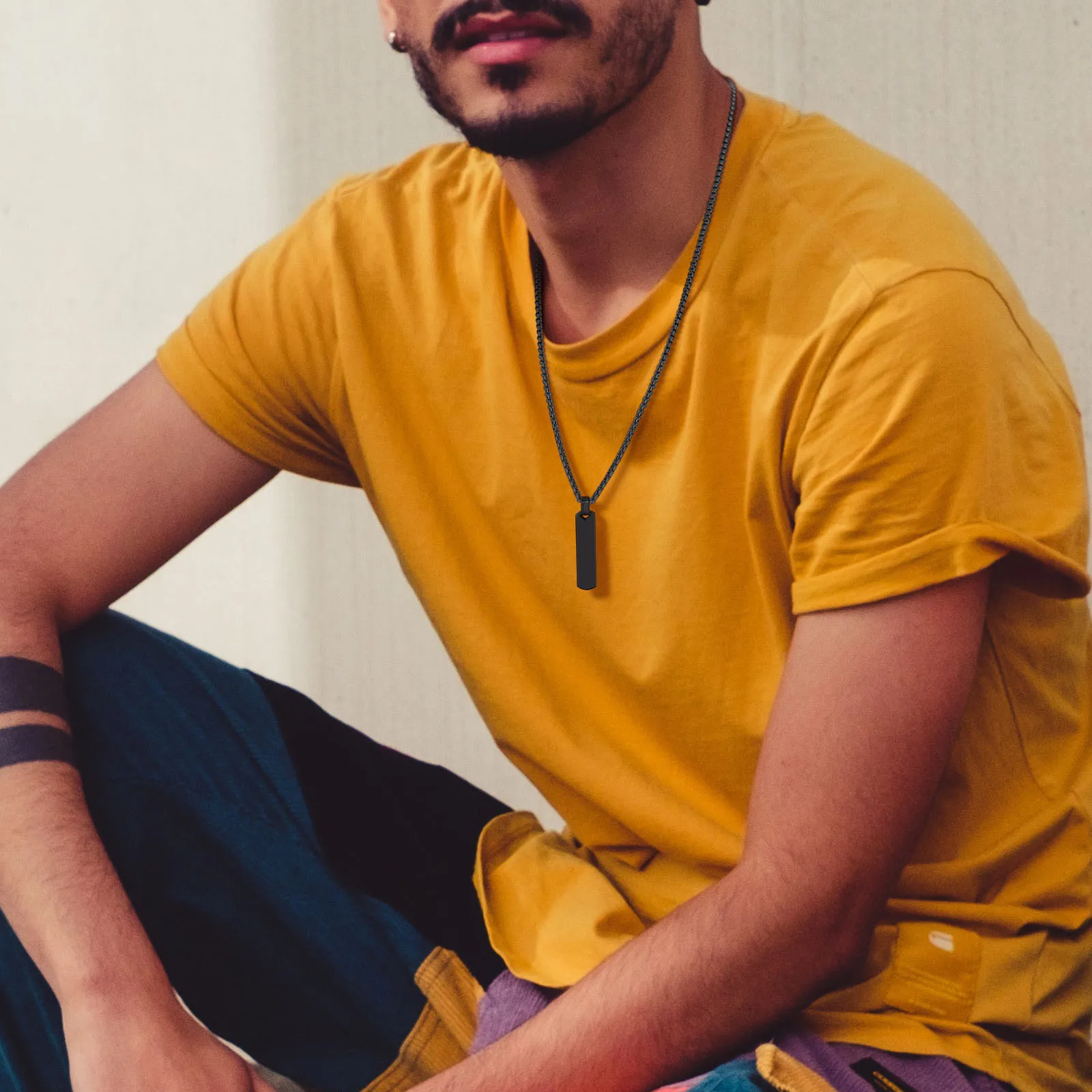 Initial Bar Necklace for Men, Thick Geometric Vertical Bar Pendant with A-Z Letters Casual Simple Collar Gift Jewelry