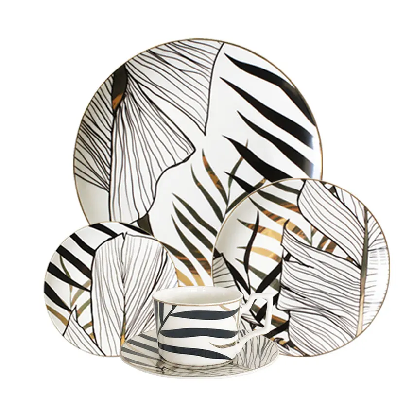 Golden Black Plates Set Catering Restaurant Cheap Bulk Bone China Gold Rim