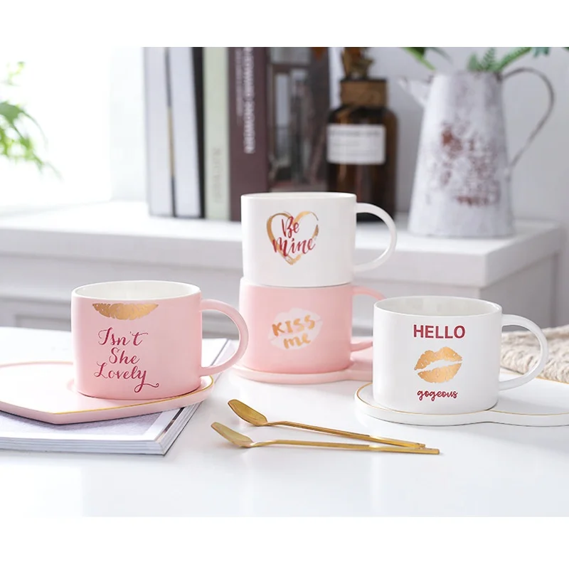 Hot Sale 420ml Pink Heart Shape Porcelain Coffee Cup And Saucer Set Red Heart Shaped Coffee Cup And Saucer