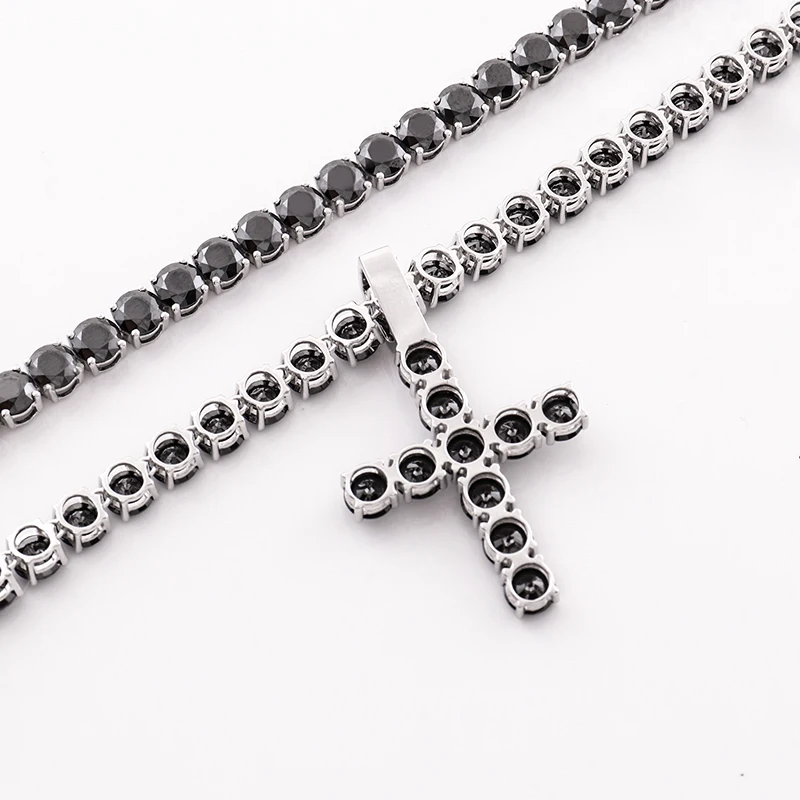 Black Diamond Tennis Chain & Cross Pendant Necklace Ice Out Chain Diamond For Men & Women 4mm Round Cut  Moissanite