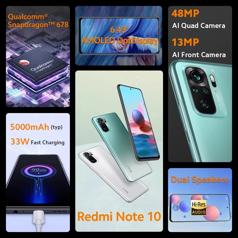  Игровой Смартфон Xiaomi Redmi Note 10 глобальная версия 4 + 128 ГБ 6 43 дюйма Snapdragon 678 5000 мА