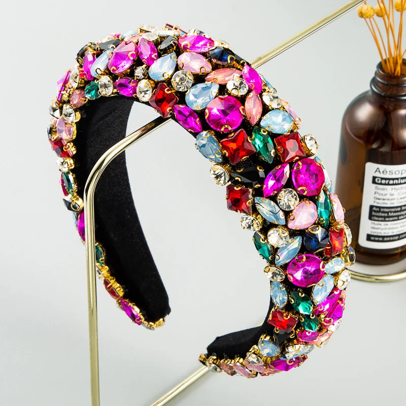 
Dvacaman 2020 Fashion Designer Banquet Luxury Colorful Rhinestone Bling Sponge Wide Headband for Women 