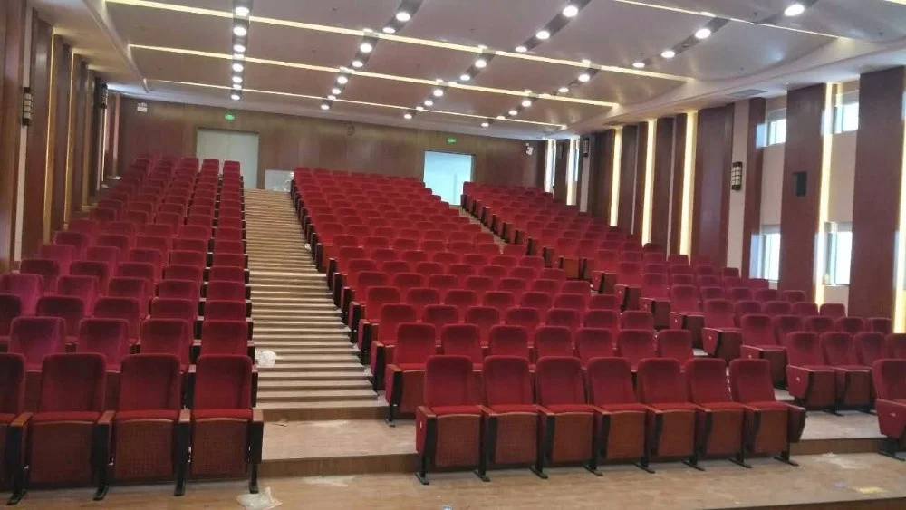 High quality fabric auditorium theatre chair,red color folding auditorium hall chair with writing pad