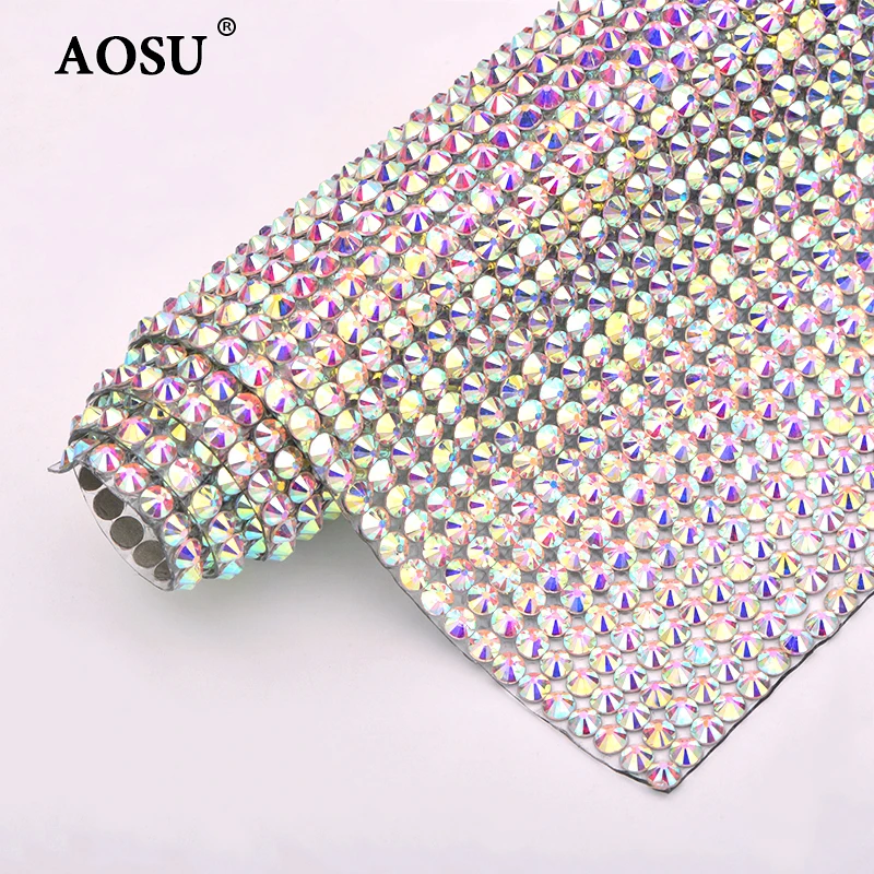 AOSU 24*40cm Diamond Strass Fabric Sheet Applique Crystal AB Self Adhesive Glass Rhinestone Trim Mesh For Clothes