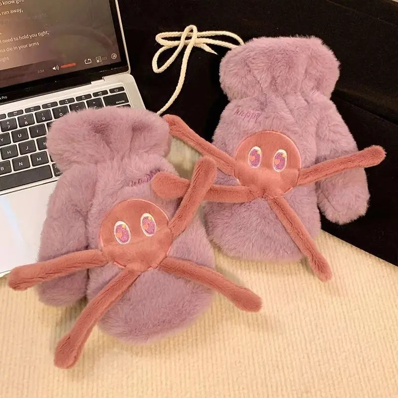 Yellow Duck Riding Gloves Women Winter Cute Funny Plush Warm Halter With Fingers Fleece-lined Student Cold-proof Gloves