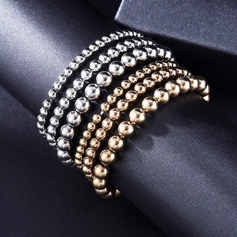 New Fashion 4/5/6/8mm Beads Ccb Stretch Bracelet  Set Golden Silver Jewelry Wholesale