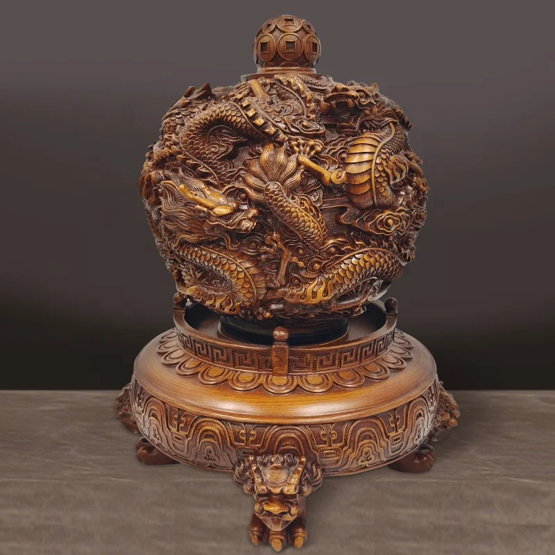 Traditional Chinese Feng shui figurines decorated wood grain color resin dragon ball statue crafts home decoration sculpture