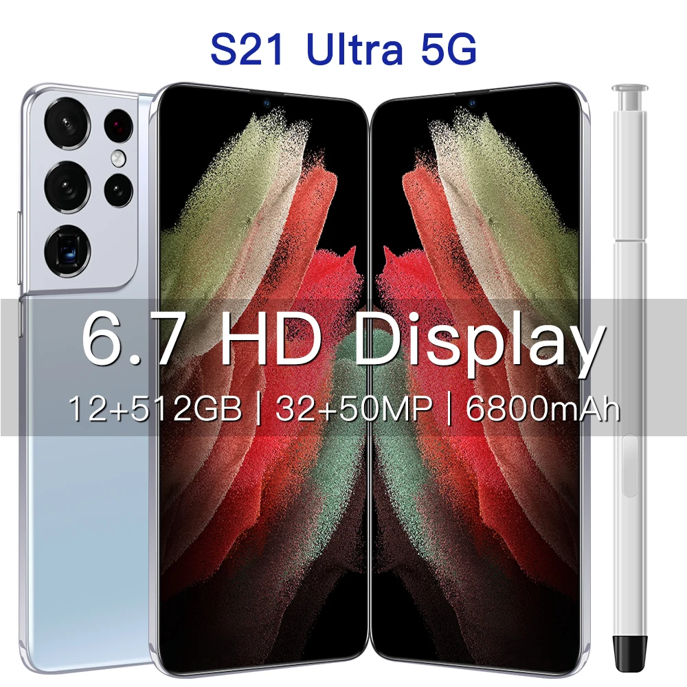 Дешевый мобильный телефон S21 Ultra 5G Android двойной смартфон разблокированный Оригинальный игровой сотовый с распознаванием лица/отпечатков пальцев