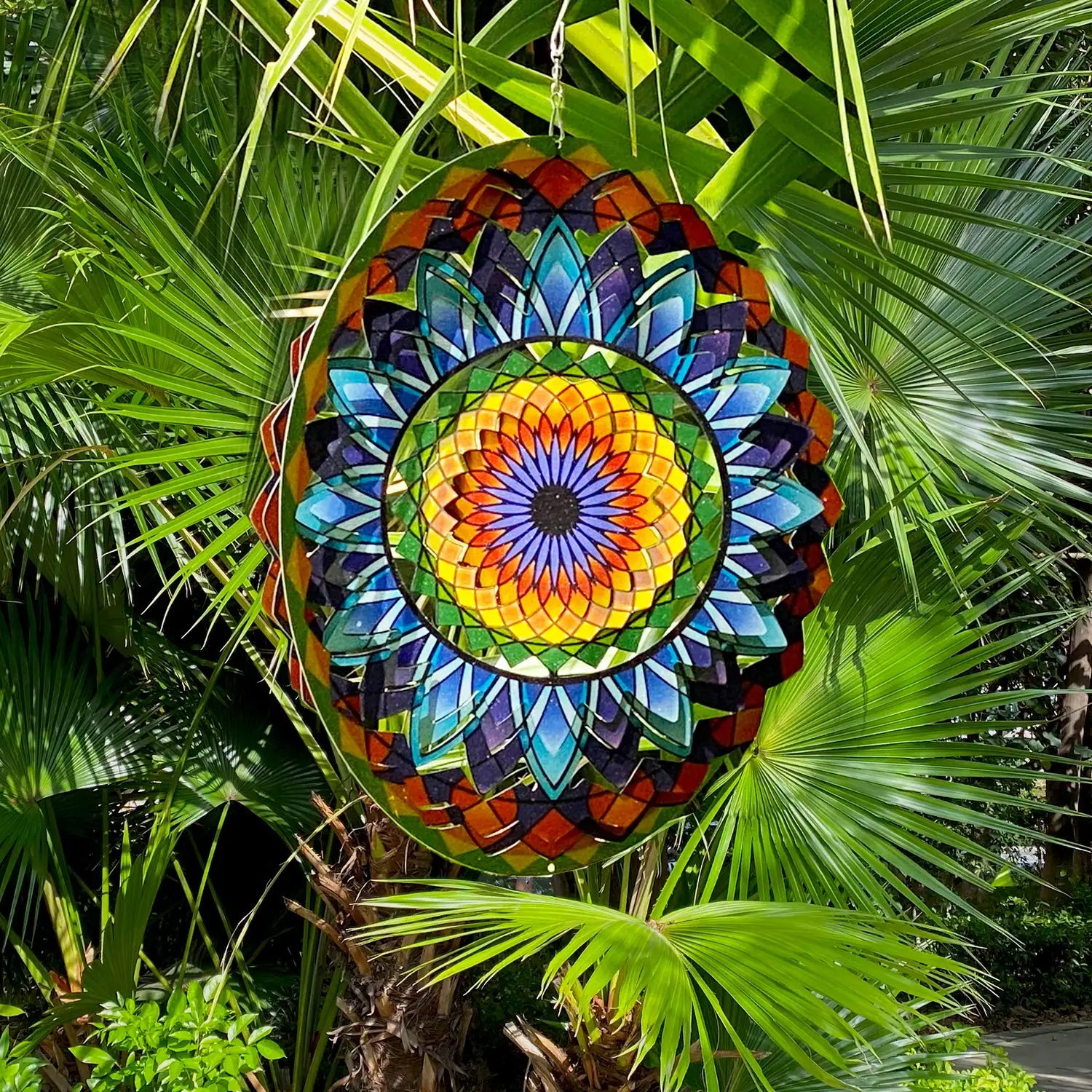 Wind Spinner Mandala Sun Flower 12 inches 3D Stainless Steel Laser Cut Metal Art Geometric Pattern