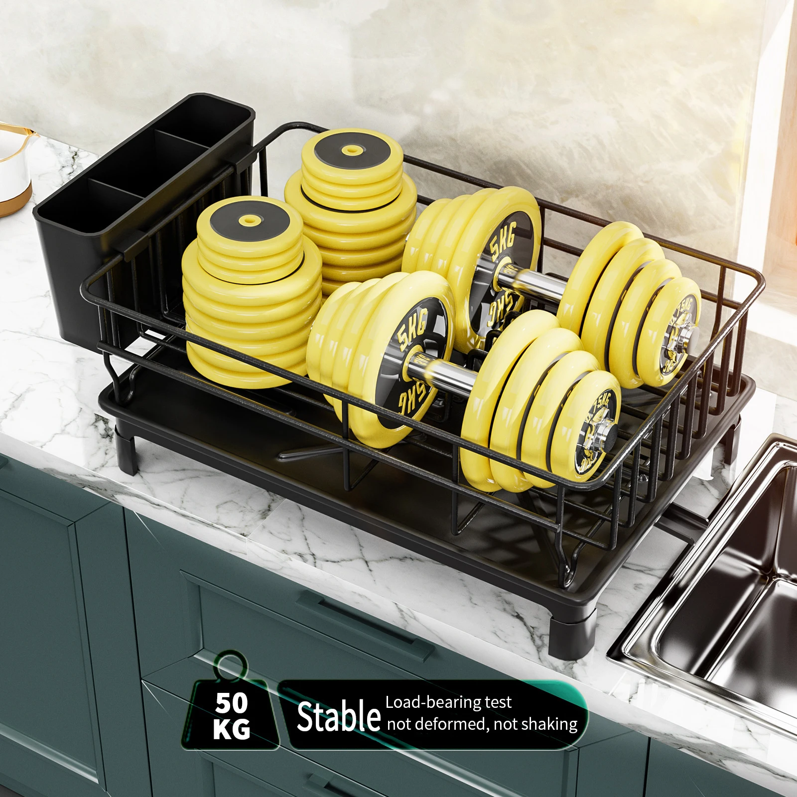 Compact and portable dish rack with cutlery storage, drain and non-slip base for small kitchens