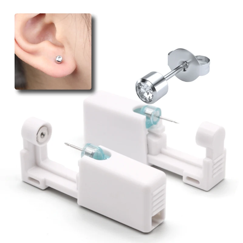 Ear Piercing Gun Kit with 4mm White Crystal Studs Personal Tool Painless Piercer Disposable