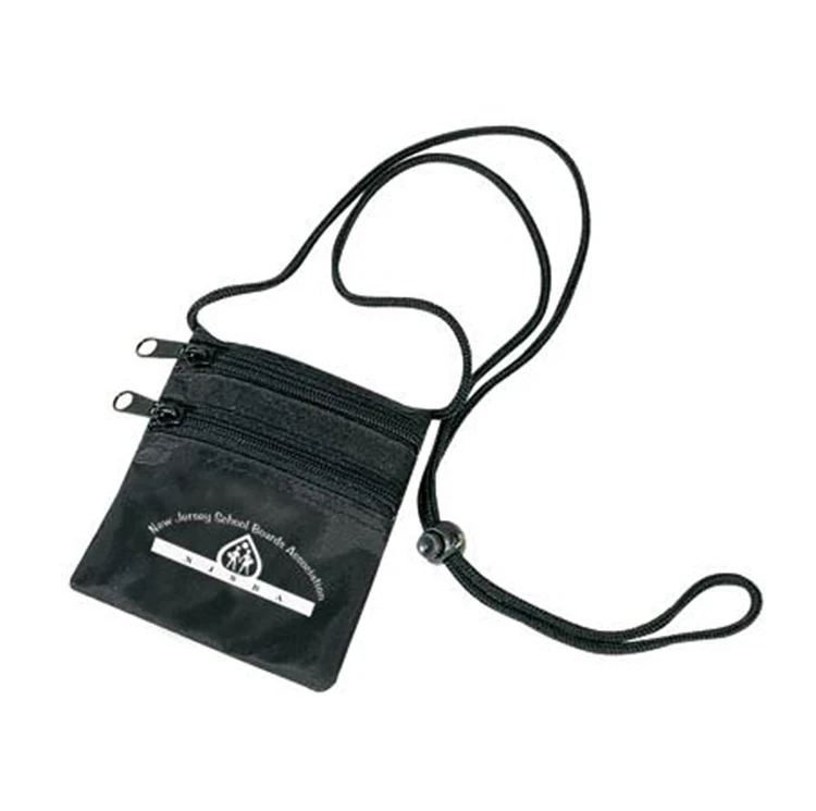 Polyester Mini Neck Wallet with two zippered front pockets and one clear rear slip pocket