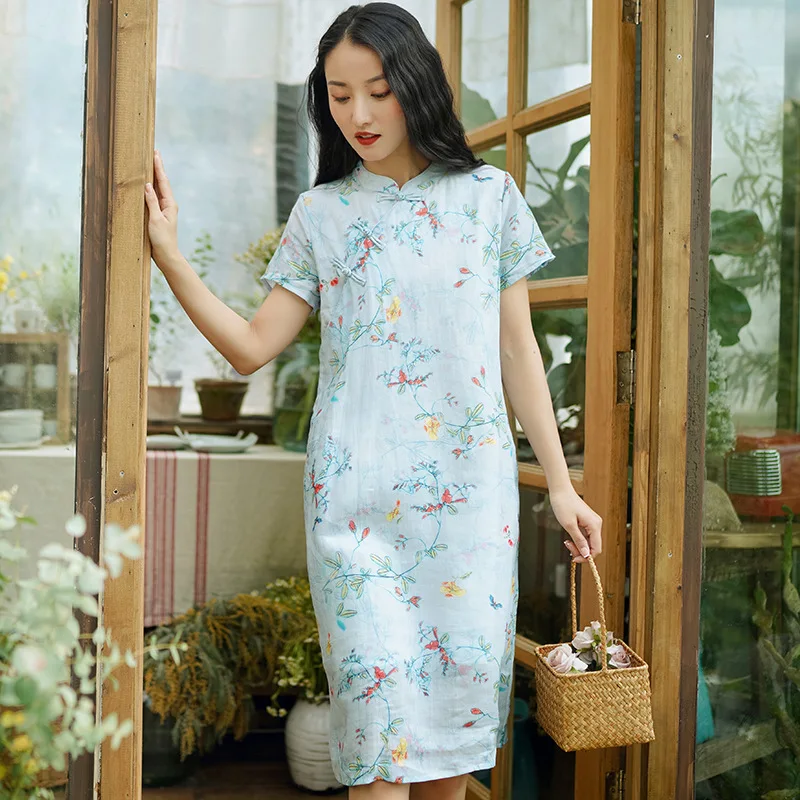 Custom Chinese Linen Dress cheongsam Robes Soft Cotton Linen Print Floral Frog Button Vintage Women Casual Midi Dress