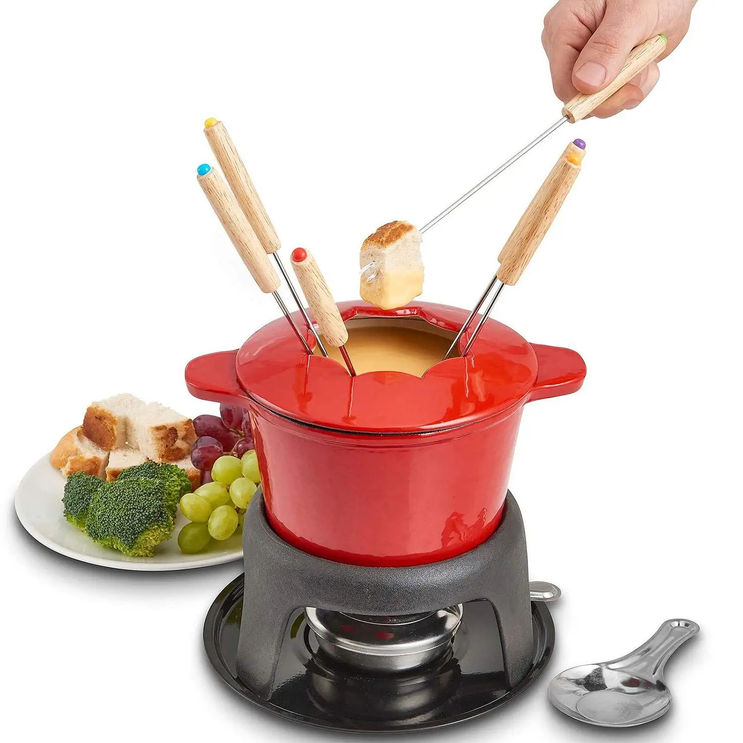 Hot selling enamel hot pot cast iron fondue pot 6 fondue forks chocolate cheese fondue set for chocolate
