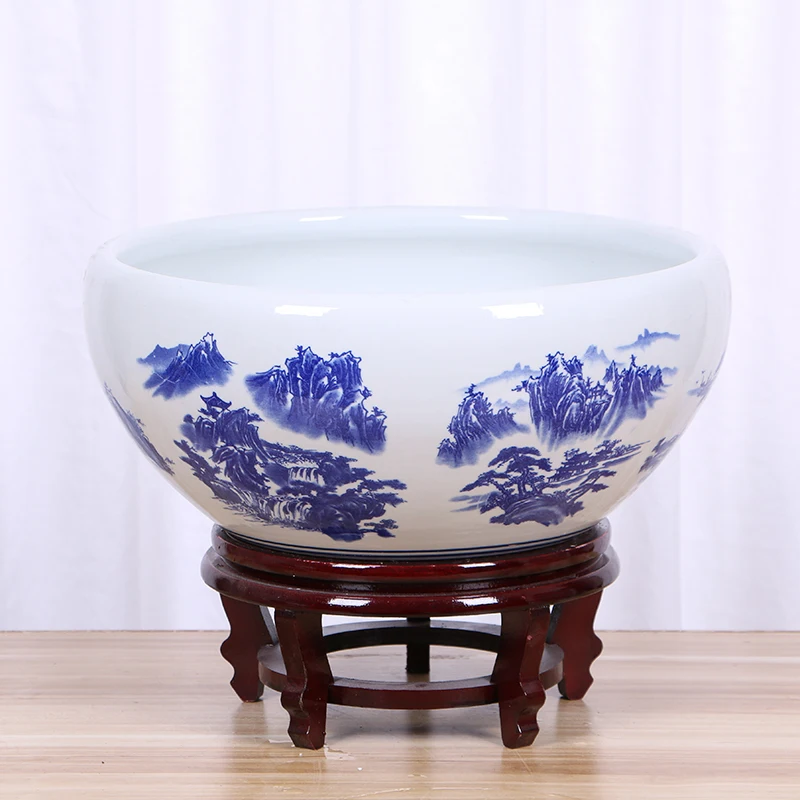 Jingdezhen Porcelain Pot Blue White Ceramic Flowerpot Bowl Living Room Decoration Featuring Lotus Grass Green Pork