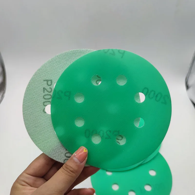 High Quality 5 Inch 8 Holes 125 mm Abrasive Sanding Disc Green Polyester Film Sandpaper for Sanding Backing Hook and Loop Pad