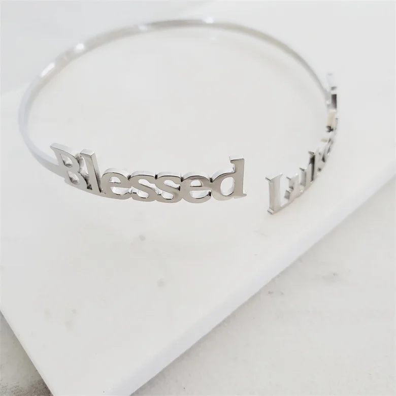 Christian Catholic jewelry dainty stainless steel bracelet silver gold Worthy Proverbs Blessed Luke Bible Verse Cuff open bangle