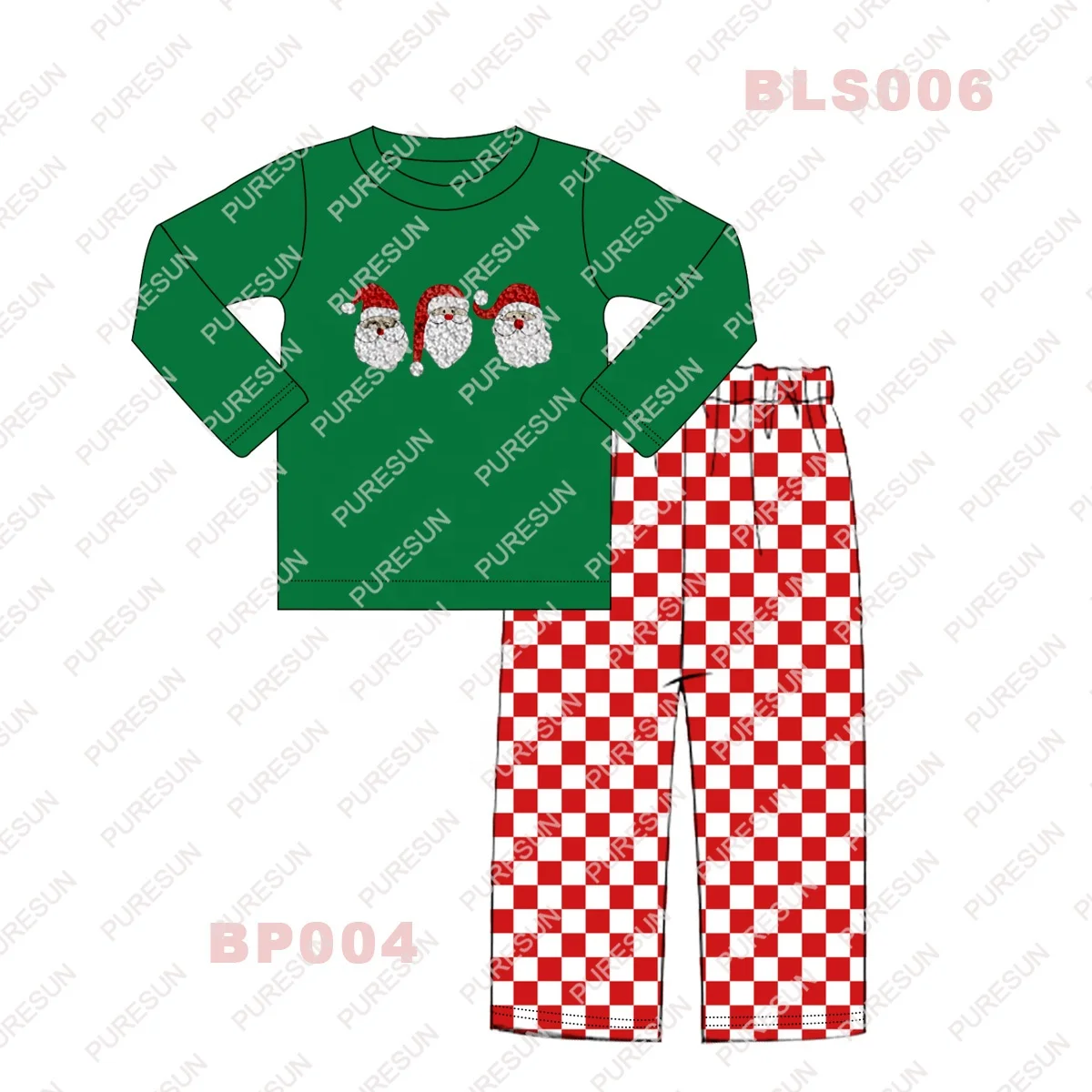 Puresun christmas children clothing custom designs cotton ruffle girls outfits clothing sets with santa french knot embroidery