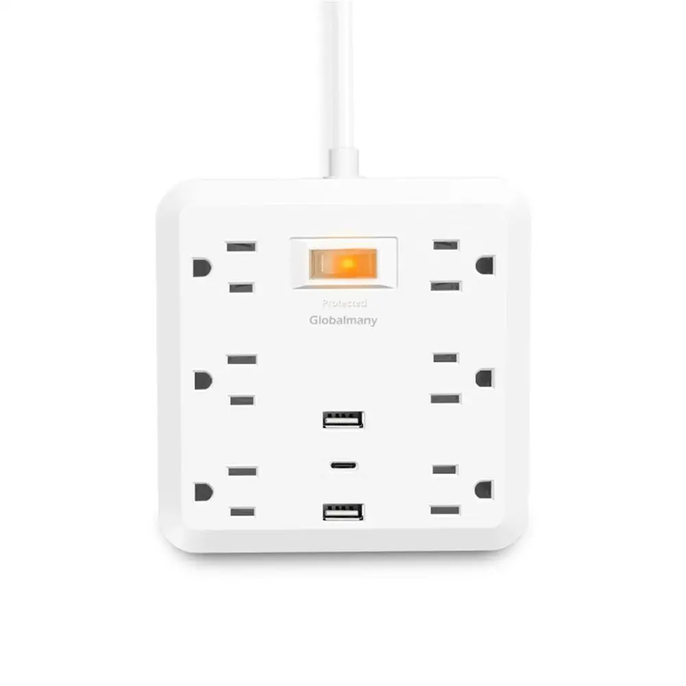 New Trend Many US Standard 6 AC Flat Plug Extension Cord With Type C PD 18W Switch Surge Protector Power Strip with USB