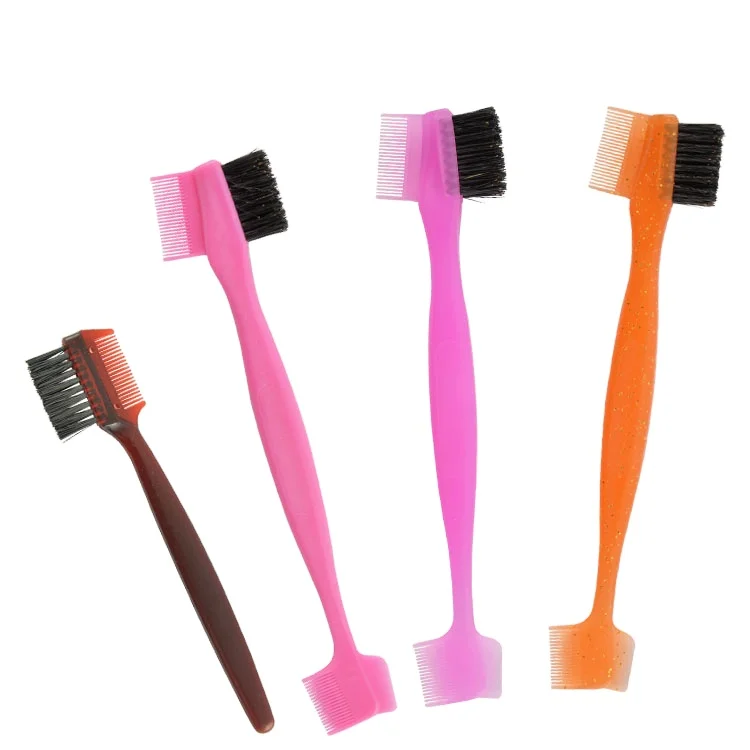 Black ABS PP Boar Nylon Bristles Baby Ergonomic Design Hair Brush Edge Tamer Brush 4 In 1 Edge Brush Double For Eyebrow