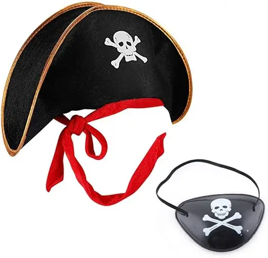 Pirate Hat Costume Suit with Eye Patch Captain Cap Halloween Masquerade Party Role Play Pirate Outfit Fancy Dress Accessories