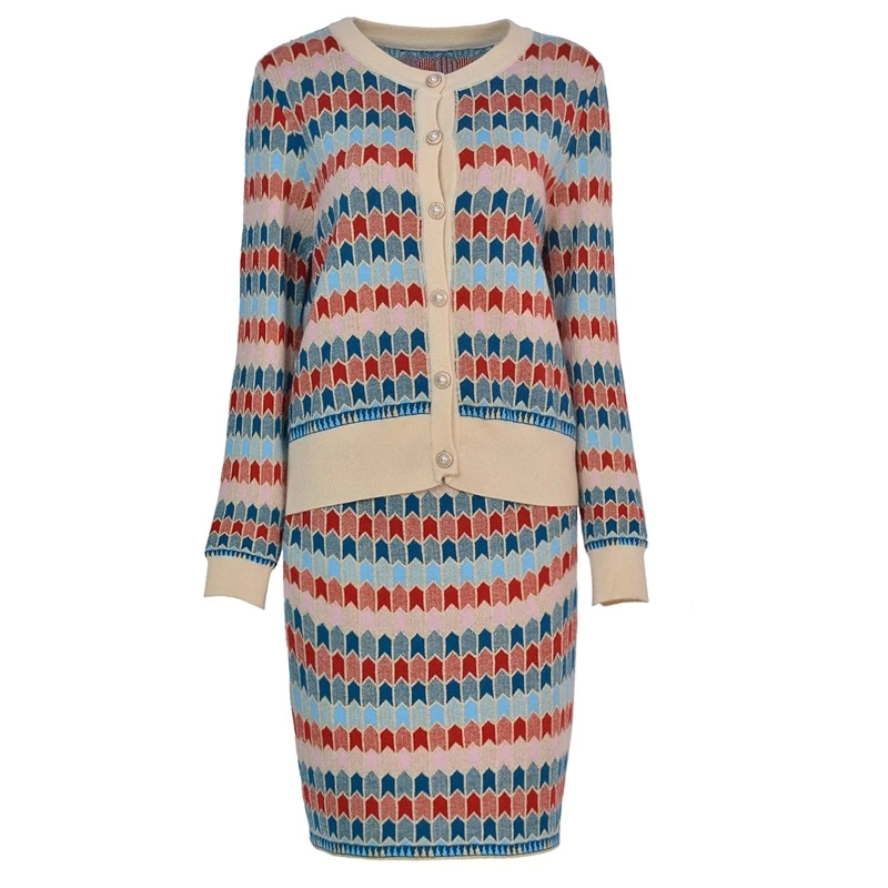 Sweater Women Two Piece Clothing Buttoned Fall Long Sleeve Knit Top And Skirt Set