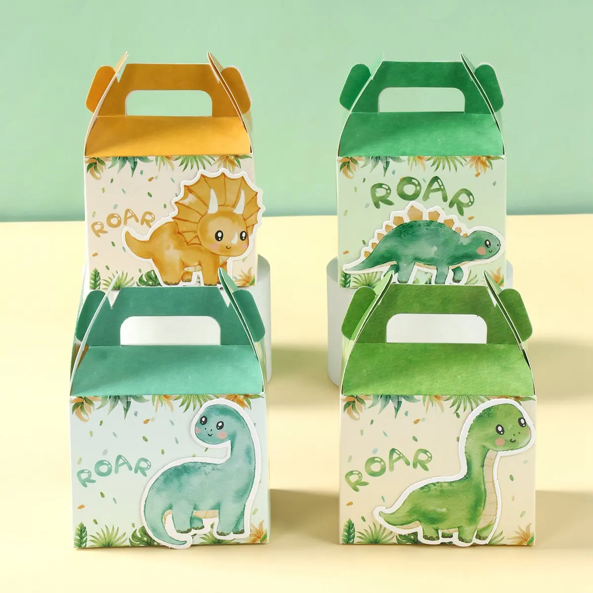 Custom Portable Paper Candy Dessert Treat Box With Handle Dinosaur Theme Gift Packaging Paper Box For Kids Birthday Baby Shower