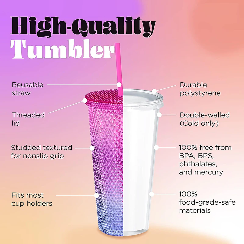 BPA free 24oz Diamond Studded Tumbler Double Wall Plastic Water Bottle Termos Juice Bottle Ice Tea Coffee Mug with Straw