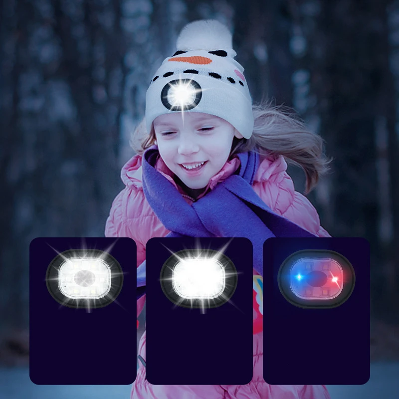 Cartoon Warm Hat with Light LED USB Rechargeable Flashlight Beanie Cap Winter Pom Headlight Knit Cuffed Hat for Kid