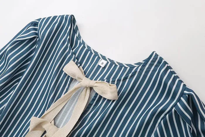 CS060 New 2024 European Design Chic Striped Print Bow Knot Shirt Women Summer Crop Top Blouse 6