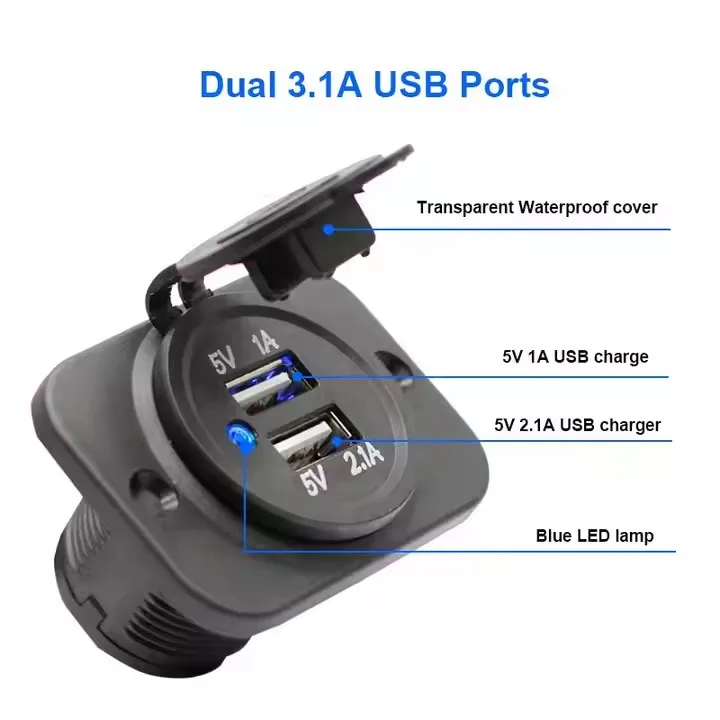 Electric Motorcycle Car 12V 24V Dual USB 5V 3.1A LED Waterproof Power Socket Charger for Marine RV Mobile Car Boat