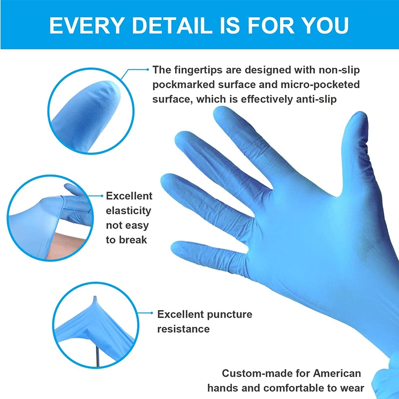 200Pcs Food Grade Medical Examination Blue Disposable Nitrile Gloves Powder Free Latex Free