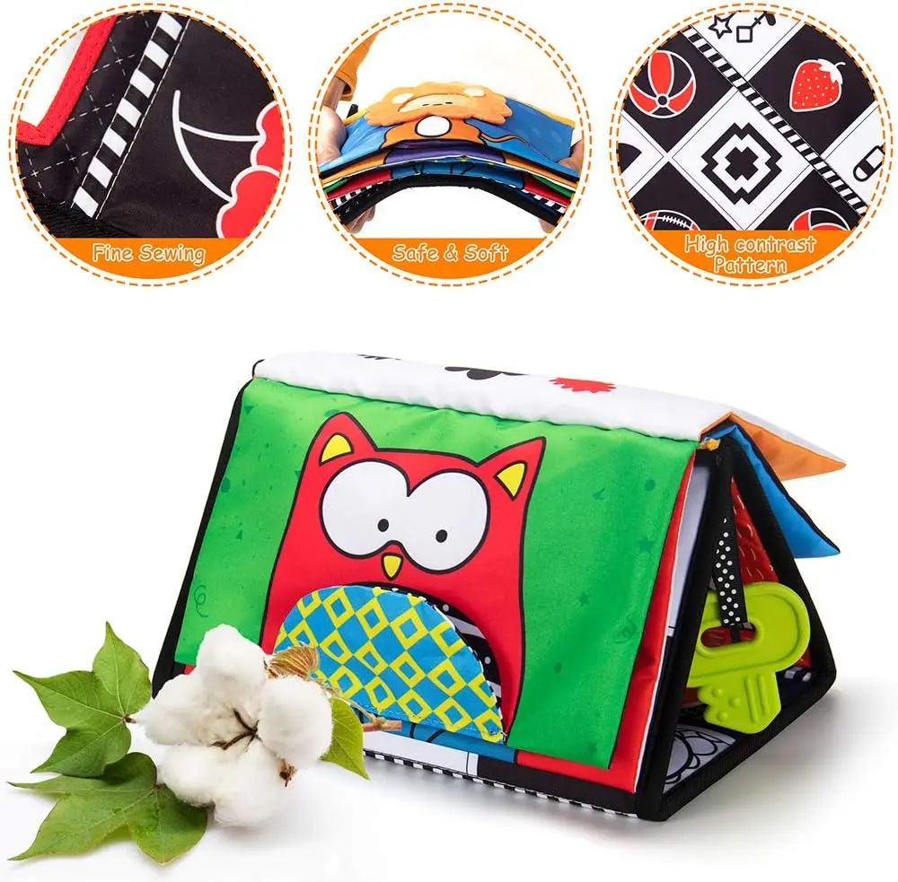 0-3 Months Brain Developmental Baby Mirror Tummy Time Toys with Cloth Book&Teethers,High Contrast Baby Sensory Toy