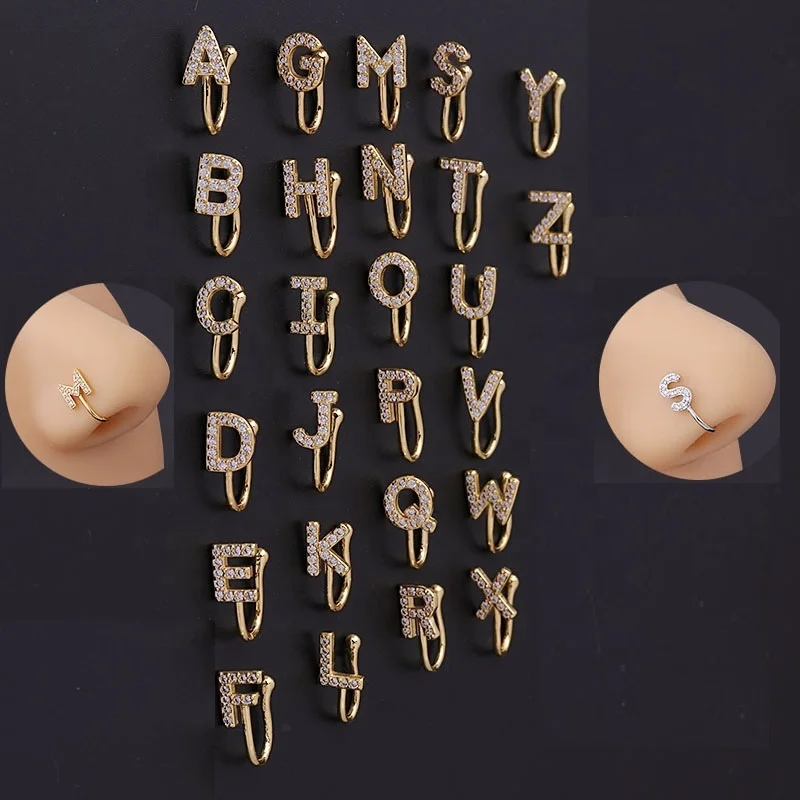 Nose Cuff Ring Earrings Clip For Women Alphabet Charm Cubic Zircons Fake Non Piercing Hoop Fashion Jewelry Wholesales