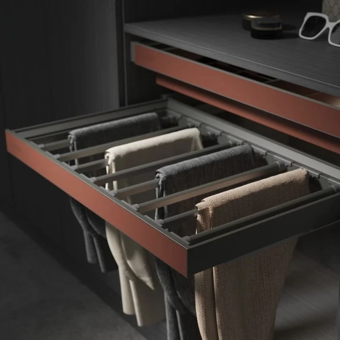 Wardrobe Leather  Logo customized available pants rack movable rod pull out trouser pants hanger organizer