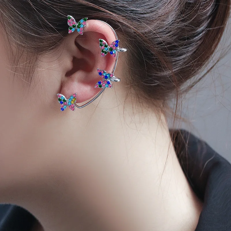 New Design Fashionable Jewelry Gold Silver Wedding Party Earring Colorful Rhinestone Women And Girls Cute Butterfly Cuff Earring