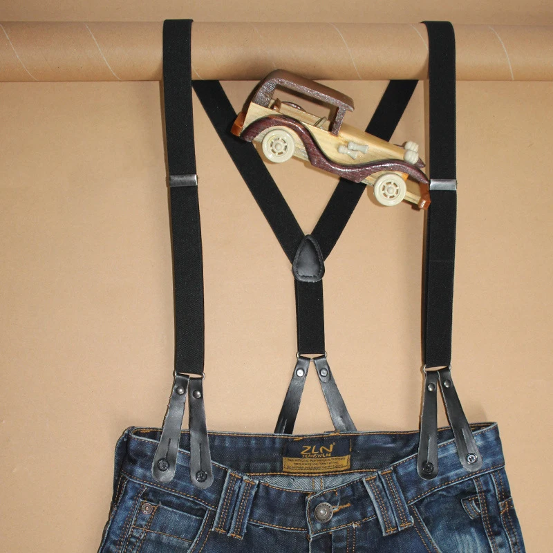Wholesales Y-back Adjustable Elastic Leather Strips  Brace Black Suspenders for Men