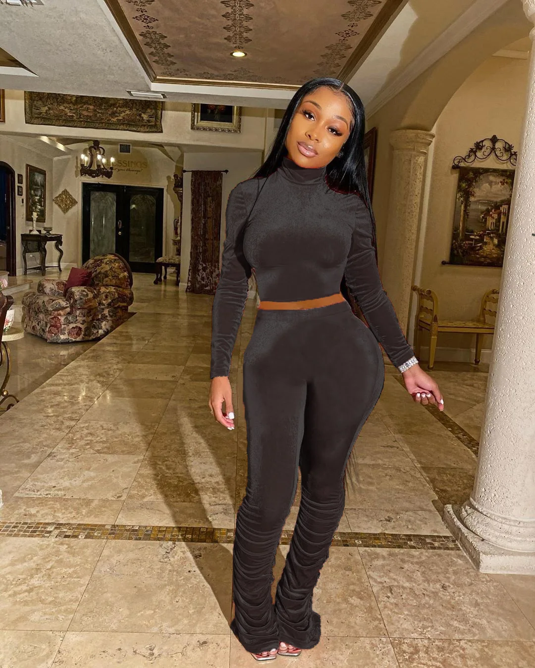 Velvet Track Suits Stacked Pants 2022 Winter Outfits For Women Turtle Neck Top Velour Lady Tracksuit