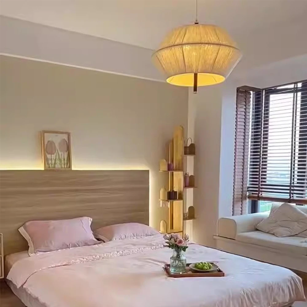 Wabi Sabi Style Solid Walnut Wood Cotton Thread Adjustable Beech Pull-Down Scandinavian Mobile Lighting Suspension Lamp
