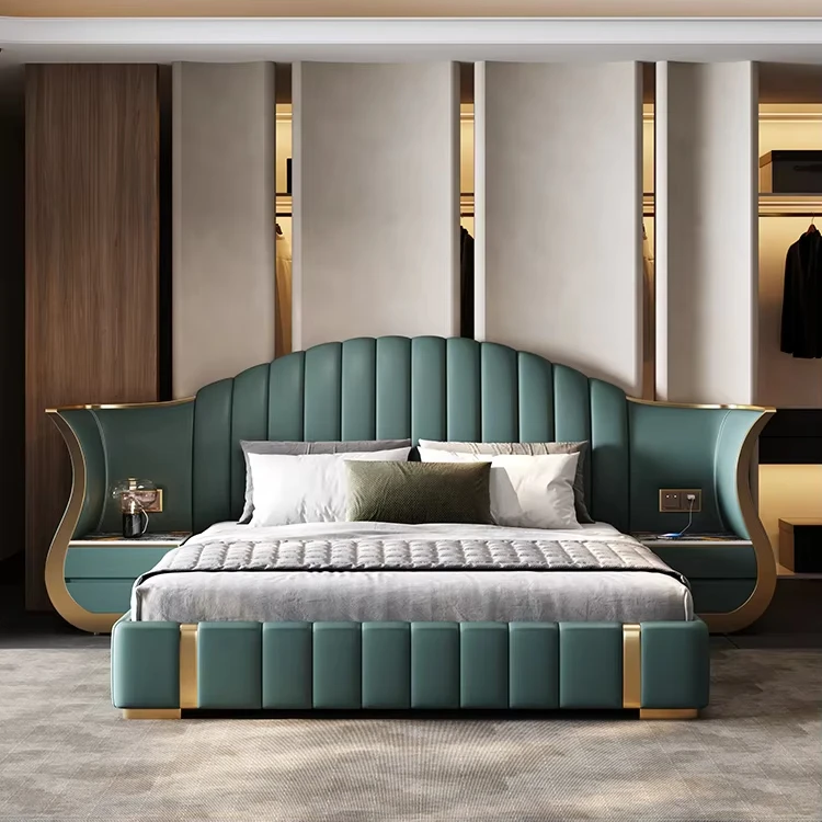 Italian Creative Exotic Orange Leather Bed Soft Modern King Size with Big Wooden Headboard Nightstand Unique Storage for Bedroom