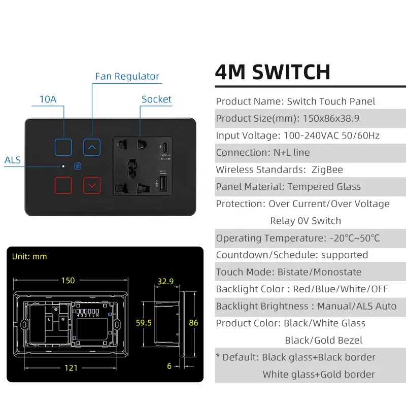 India Standard app control Zigbee light fan wall socket combination switch glass 16A power failure memory timer function