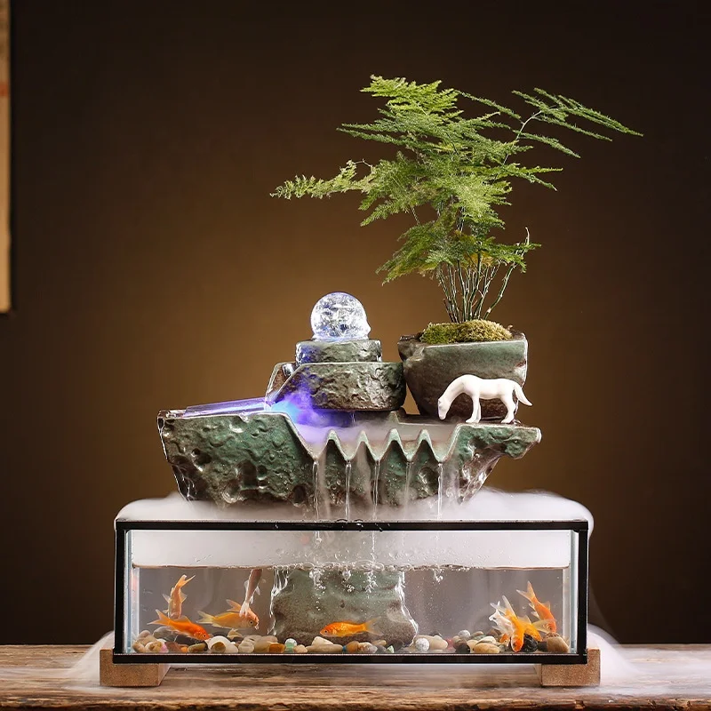 Dropshipping Tabletop Water Fountain , Indoor Waterfall with Round LED Light Ceramic Crane Mist Maker and Incense Holder
